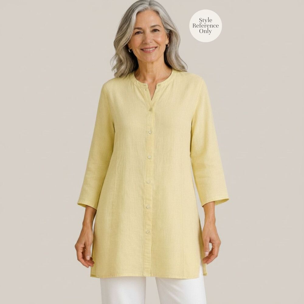 Eileen Fisher Soft Yellow Linen Longline Tunic Button Front Size L
